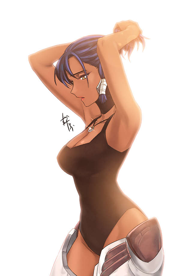 1girl, adjusting_hair, armor, arms_up, backlighting, bangs, blue_hair, breasts, brown_eyes, cleavage, cowboy_shot, dark_skin, detached_sleeves, facial_mark, facial_tattoo, from_side, glint, groin, jewelry, lens_flare, leotard, necklace, overwatch, parted_lips, pendant, pharah_(overwatch), ponytail, red_lips, sidelocks, simple_background, solo, sung-kyung, tattoo, tying_hair, white_background, yellow_eyes
