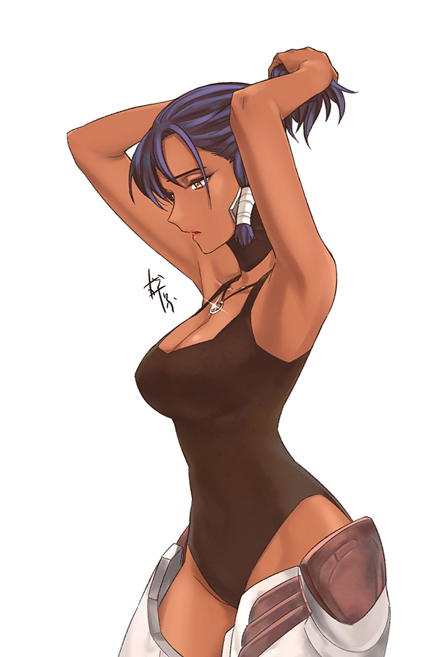 1girl, adjusting_hair, armor, arms_up, bangs, blue_hair, breasts, brown_eyes