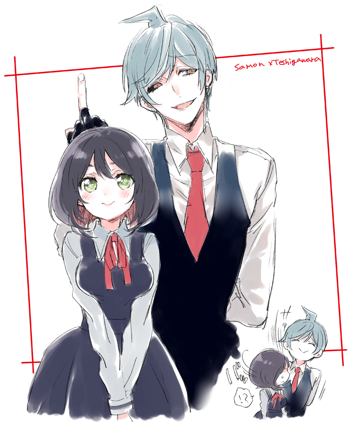 !?, 1boy, 1girl, 3:, ahoge, angry, black_hair, black_sclera