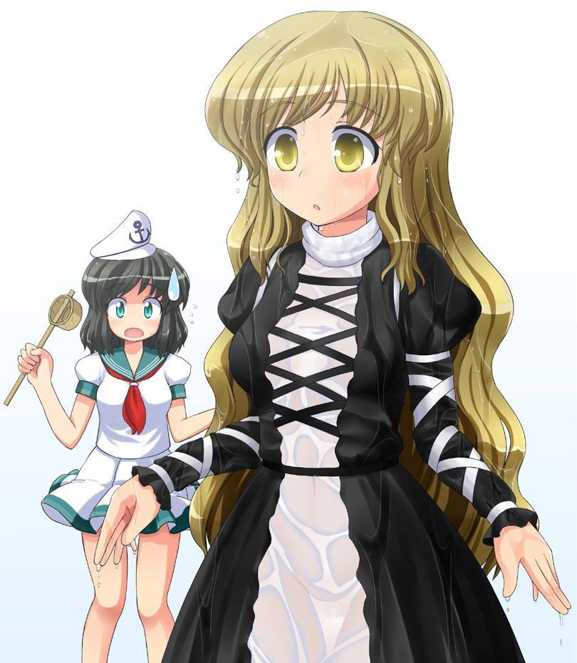 2girls, :o, alternate_hair_color, anchor_symbol, black_dress, black_hair, blonde_hair, blush, cross-laced_clothes, dress, green_eyes, hat, hijiri_byakuren, hishaku, juliet_sleeves, katou_kaiou, long_hair, long_sleeves, multiple_girls, murasa_minamitsu, open_mouth, puffy_short_sleeves, puffy_sleeves, sailor, sailor_hat, short_hair, short_sleeves, skirt, skirt_set, sweatdrop, touhou, wet, wet_clothes, wet_hair, yellow_eyes