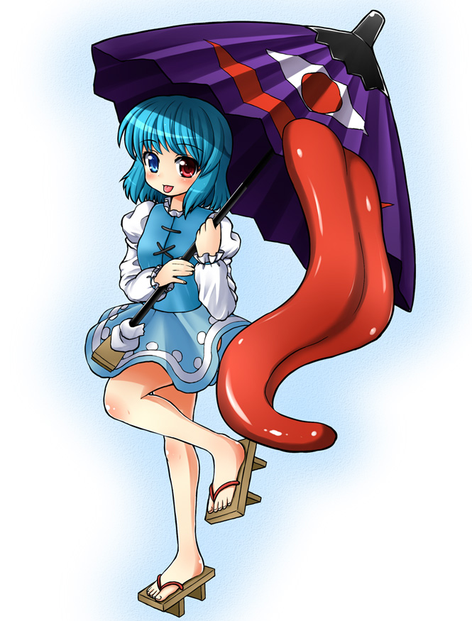 1girl, blue_eyes, blue_hair, blue_skirt, blue_vest, blush, full_body, geta