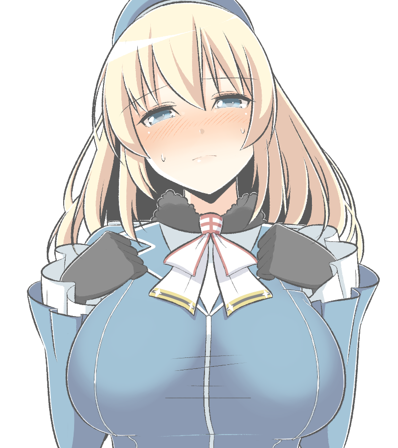 1girl, alternate_eye_color, atago_(kantai_collection), beret, black_gloves, blonde_hair, blue_eyes, blush, breasts, commentary_request, gloves, hair_between_eyes, half-closed_eyes, hat, kantai_collection, large_breasts, long_hair, long_sleeves, looking_at_viewer, masupa_kiriu, military, military_uniform, simple_background, solo, uniform, white_background