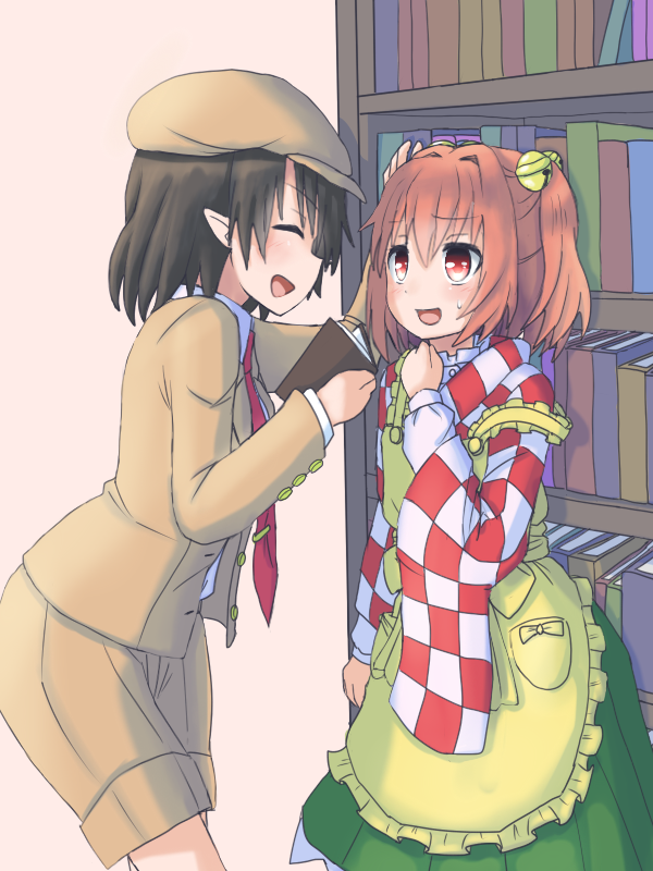 2girls, against_bookshelf, apron, bell, black_hair, bookshelf, cabbie_hat, checkered_clothing