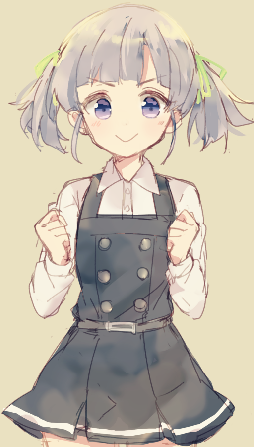 >:>, 1girl, belt, clenched_hand, cowboy_shot, hair_ribbon, jumper, kantai_collection