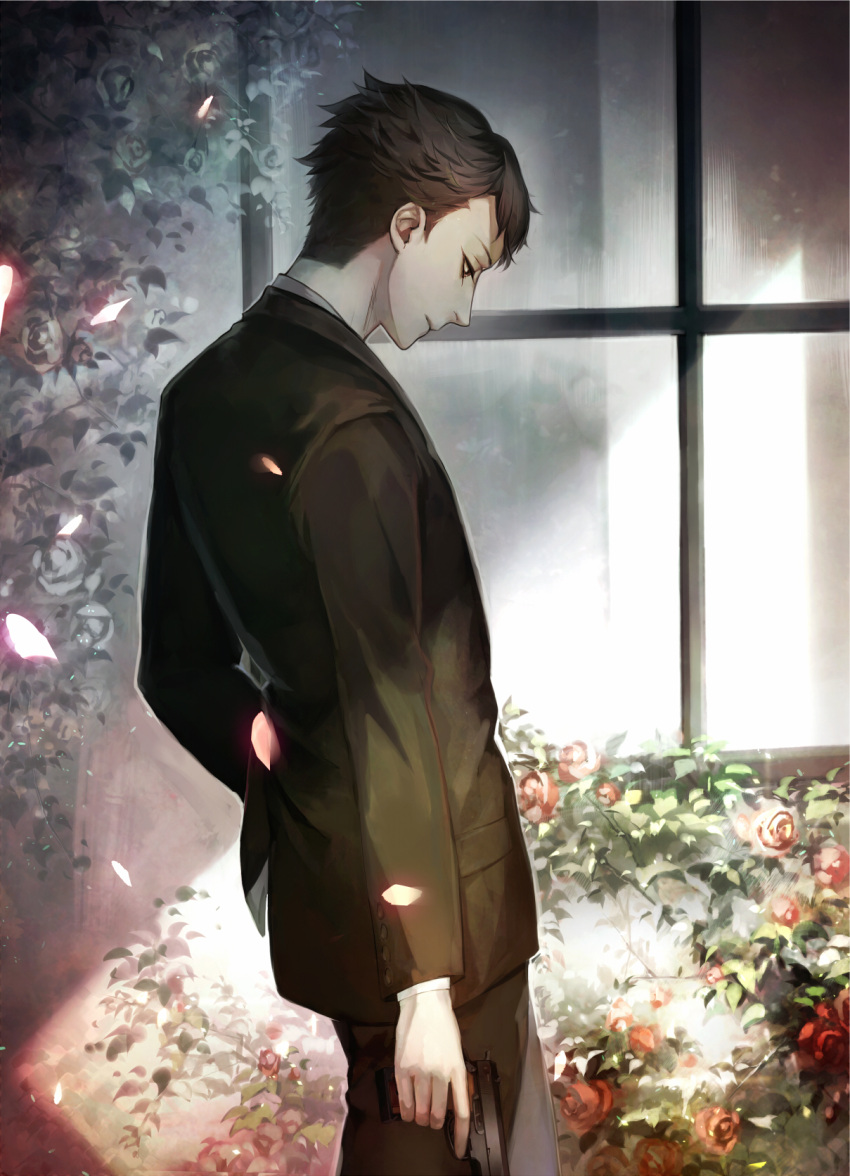 1boy, flower, formal, gun, highres, joker_game, kaminaga_(joker_game), natsu_(natsunatsu78)