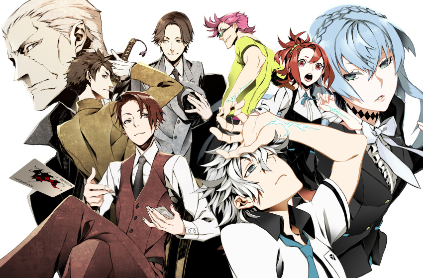 2girls, 6+boys, agata_katsuhira, amari_(joker_game), blue_hair, brown_hair, card, crossover