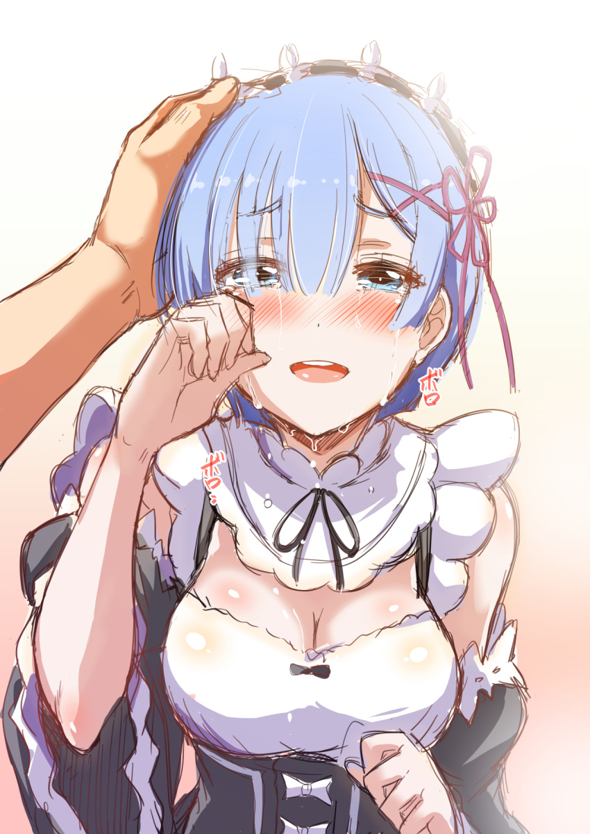 1girl, :d, blue_eyes, blue_hair, blush, breasts, cleavage, crying