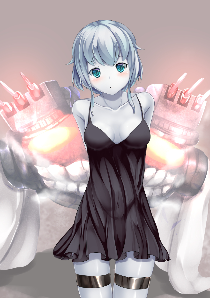1girl, battleship_hime, battleship_hime_(cosplay), black_dress, blue_eyes, blush, breasts, cosplay, dress, grey_skin, hat, hat_removed, head_tilt, headwear_removed, highres, kantai_collection, kirimori_toya, looking_at_viewer, pale_skin, shinkaisei-kan, short_dress, short_hair, silver_hair, solo, tentacles, thigh_strap, turret, wo-class_aircraft_carrier