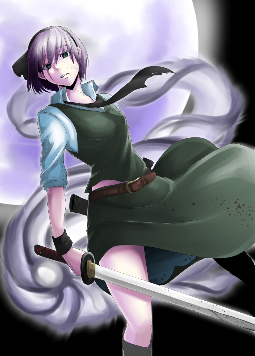 1girl, absurdres, belt, black_necktie, blood, bloody_clothes, green_eyes, green_skirt