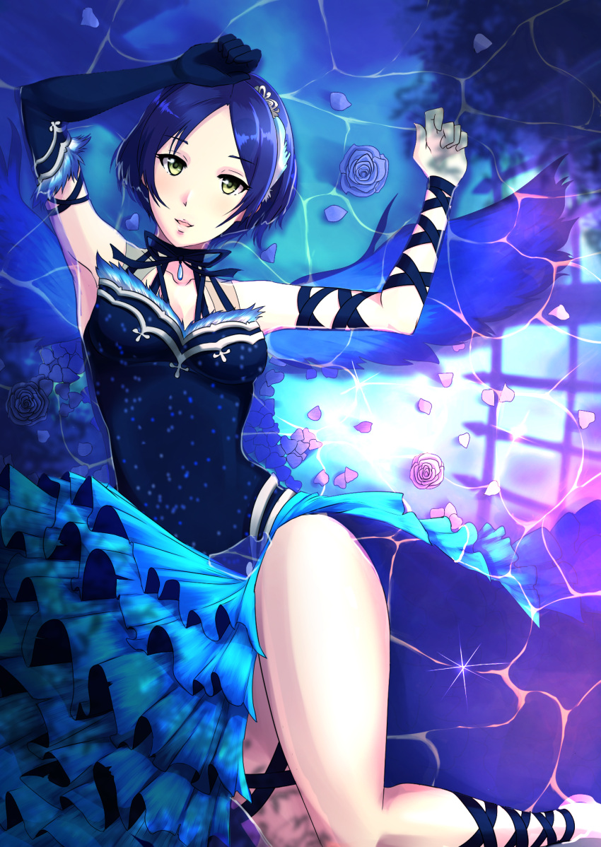 1girl, asymmetrical_gloves, black_gloves, blue_hair, breasts, cleavage, collarbone, flower