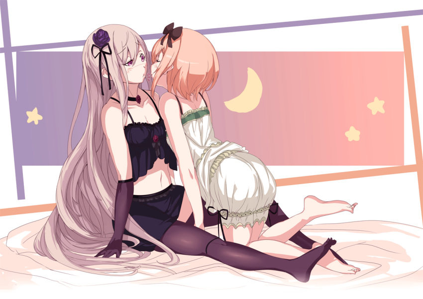 2girls, black_gloves, black_legwear, black_skirt, breasts, cleavage, closed_eyes, collar