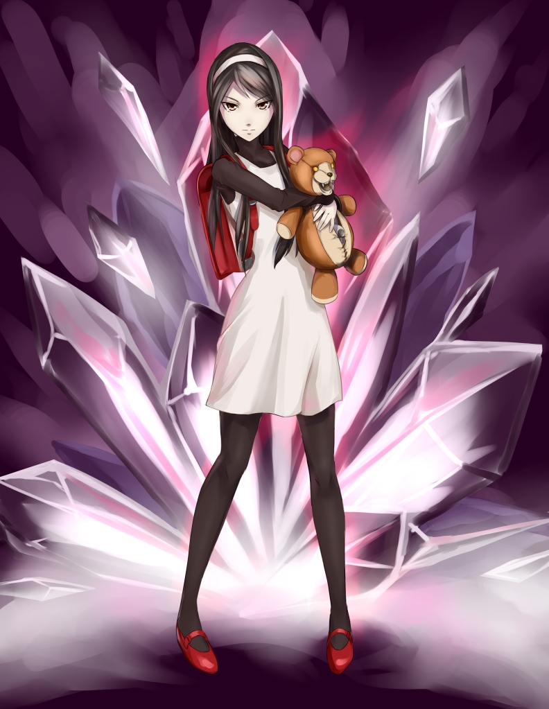1girl, black_eyes, black_hair, black_legwear, devil_summoner, dress, hairband, holding