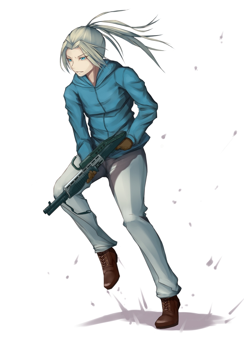 1girl, blue_eyes, brown_gloves, gloves, green_hair, gun, holding, holding_gun