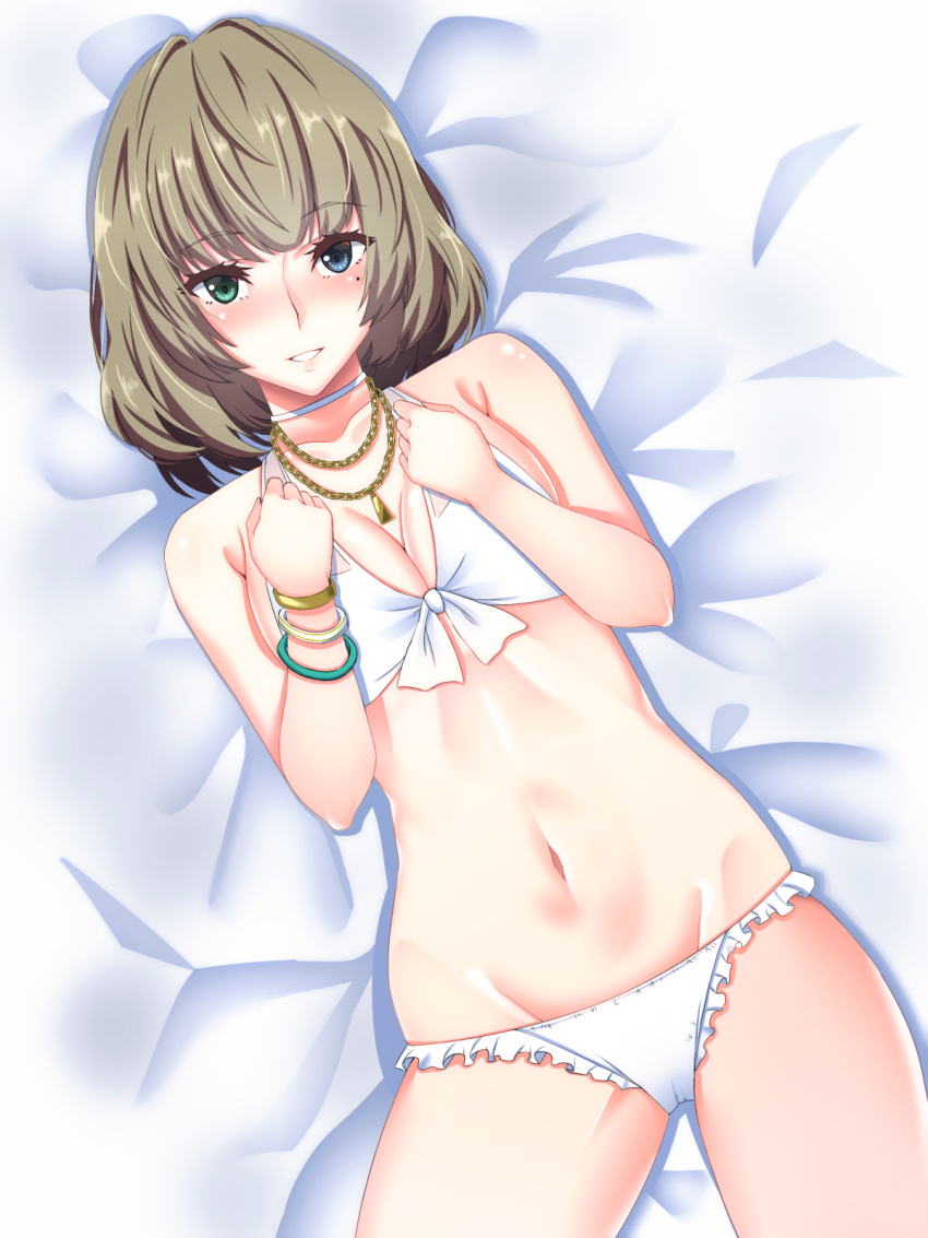 1girl, bikini, blue_eyes, blush, breasts, brown_hair, cleavage, fosamaguna