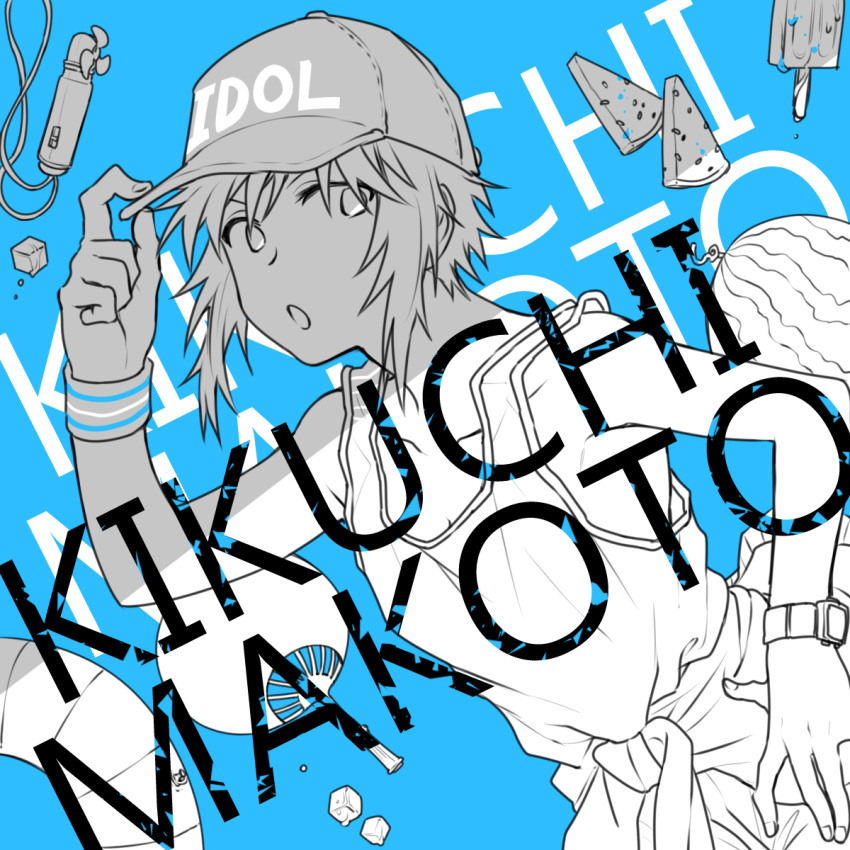 1girl, :o, androgynous, baseball_cap, blue_background, character_name, clothes_around_waist, collarbone, dandalian, fan, food, fruit, hat, highres, ice, ice_cube, idolmaster, jacket_around_waist, kikuchi_makoto, monochrome, open_mouth, paper_fan, popsicle, short_hair, simple_background, solo, tomboy, uchiwa, watch, watch, watermelon