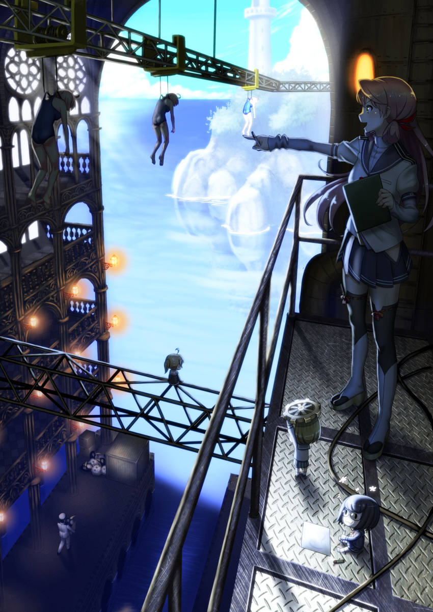 1boy, 6+girls, admiral_(kantai_collection), ahoge, akashi_(kantai_collection), blue_skirt, clone, commentary_request