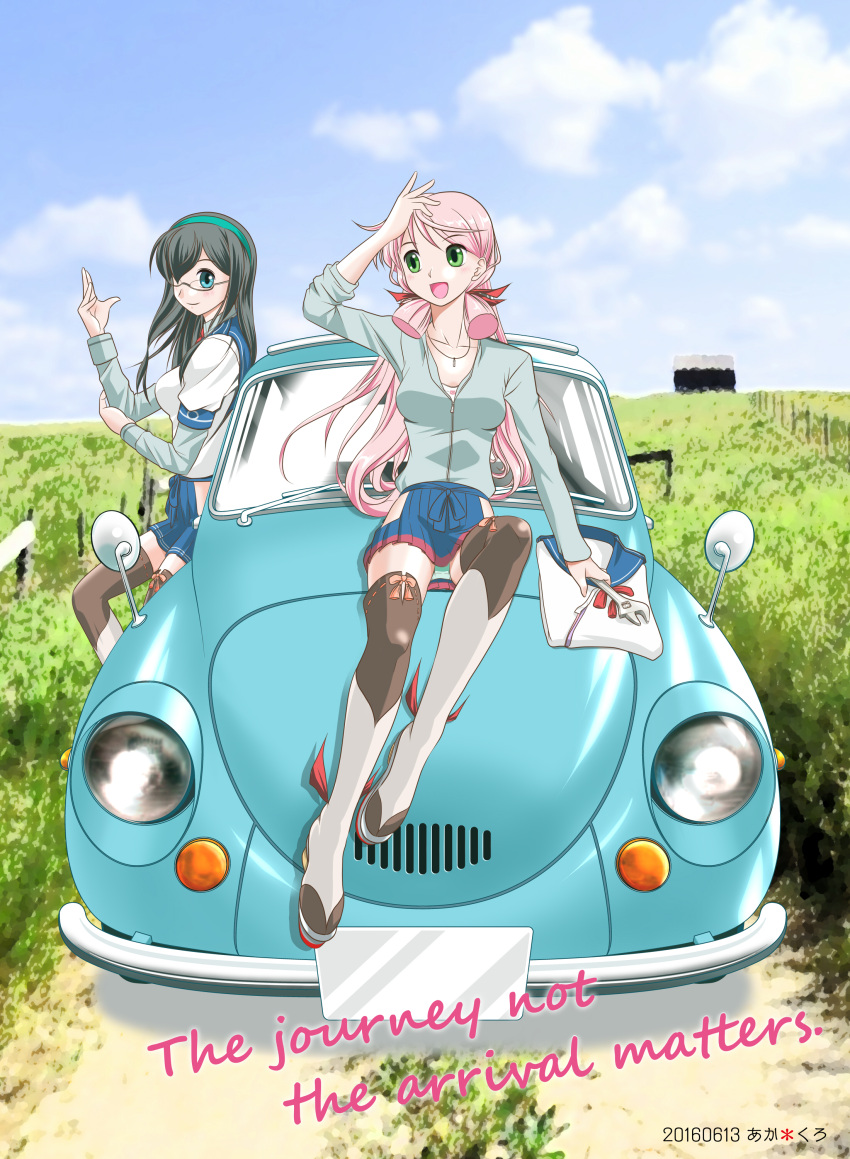 2girls, absurdres, akakuro-san_(ondoriya_honpo), akashi_(kantai_collection), black_hair, blue_eyes, blue_skirt, car