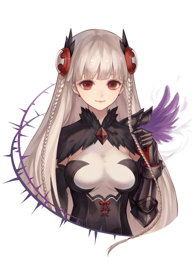 1girl, black_wings, bow, braid, dark_valkyrie_(p&amp;d), earrings, gauntlets, hair_ornament