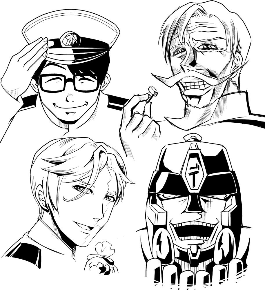 4boys, admiral_(kantai_collection), beast_wars, black_hair, chocolate, clenched_teeth, crossover, evil_grin, evil_smile, faceless_(karakuri_circus), facial_hair, glass, glowing, grin, grinding, gundam, gundam_tekketsu_no_orphans, hat, kamizono_(spookyhouse), kantai_collection, karakuri_circus, kidou_keisatsu_patlabor, mcgillis_fareed, mecha, megatron, military, military_hat, military_uniform, monochrome, multiple_boys, mustache, naval_uniform, non-human_admiral_(kantai_collection), open_mouth, peaked_cap, predacon, robot, screw, simple_background, smile, teeth, transformers, uniform, utsumi_(patlabor), white_hair