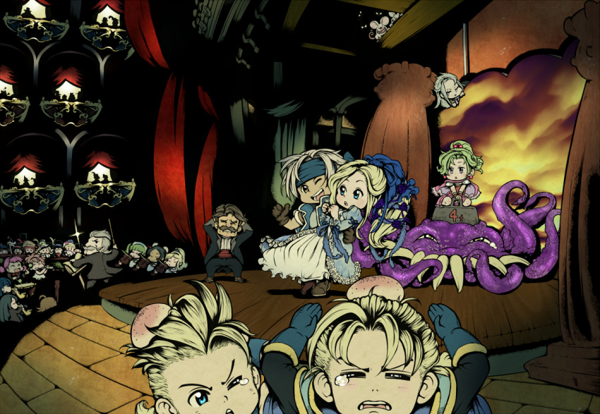 celes_chere, chibi, conductor, edgar_roni_figaro, final_fantasy, final_fantasy_vi, head_bump, lock_cole