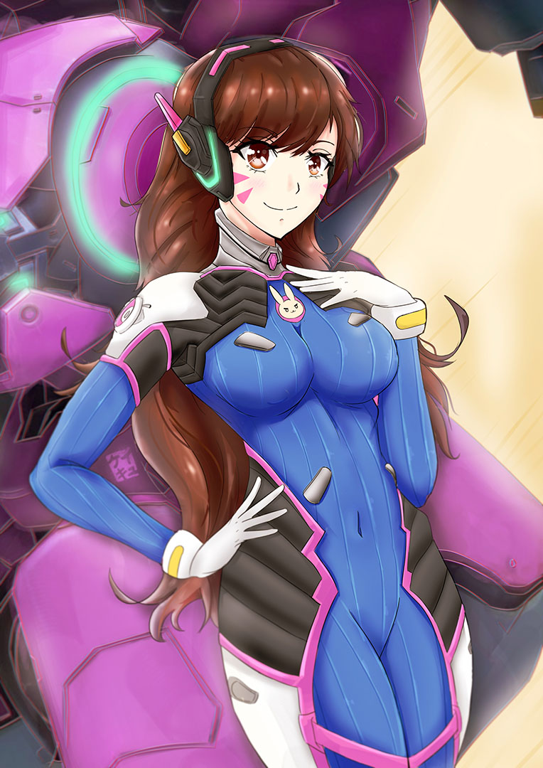 1girl, bangs, bodysuit, breasts, brown_eyes, brown_hair, covered_navel, d.va_(overwatch)