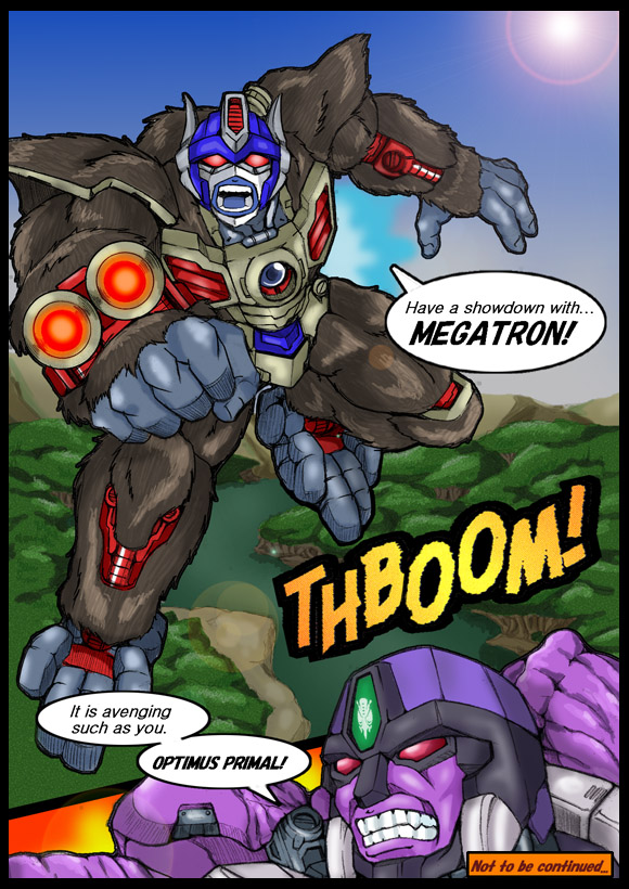 2boys, 2koma, arm_cannon, beast_wars, black_border, border, cannon, clenched_teeth