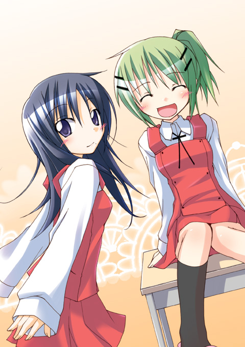 character_request, closed_eyes, green_hair, hidamari_sketch, mami_(hidamari_sketch), mole, nakayama_(hidamari_sketch), open_mouth