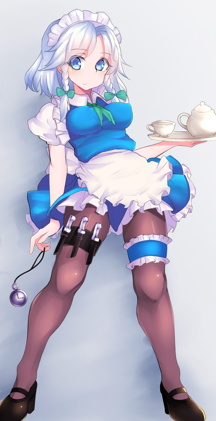 1girl, apron, black_legwear, blue_dress, blue_eyes, breasts, covered_nipples, cup