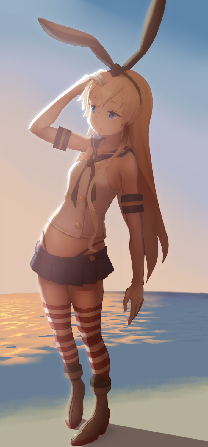 1girl, :o, beach, black_panties, blonde_hair, blue_eyes, crop_top, elbow_gloves