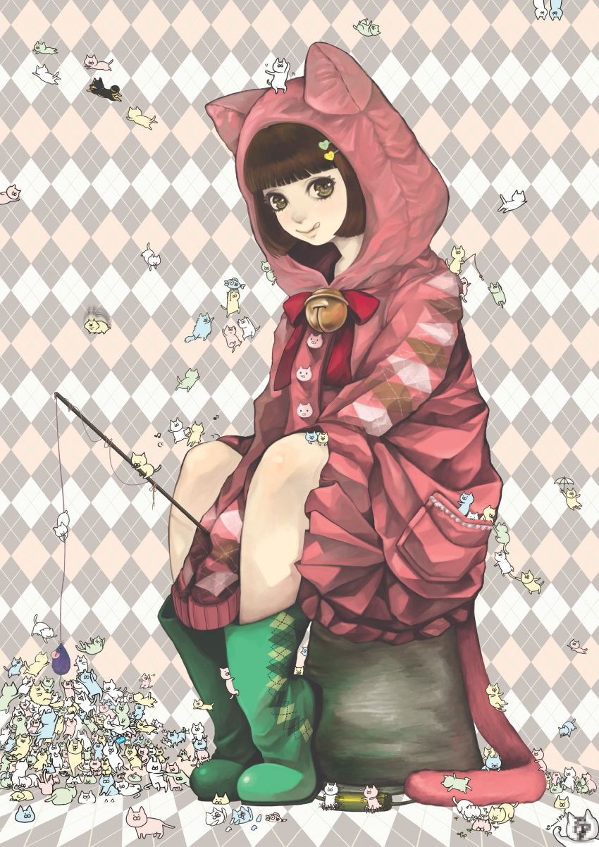 :q, animal, argyle, bell, boots, brown_eyes, brown_hair, cat, cat_hood, cat_teaser, cat_toy, costume, dog, fishing_rod, green_eyes, hair_ornament, hairclip, hairpin, highres, hood, jacket, noja, oversized_clothes, ribbon, rubber_boots, short_hair, sitting, skirt, smile, tail, tongue, too_many_cats