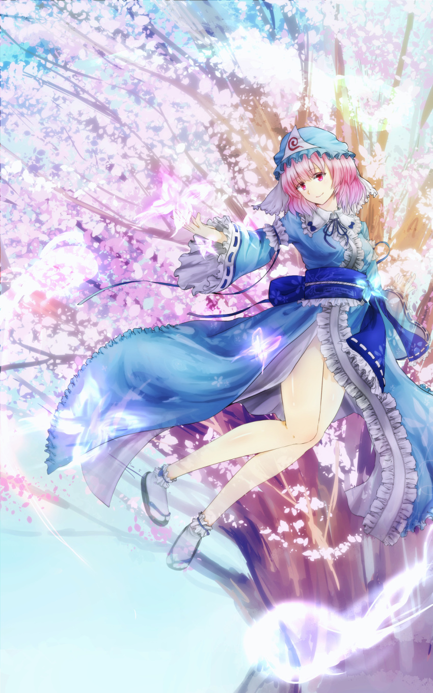 1girl, blue_sky, butterfly, cherry_blossoms, flying, hat, highres, hitodama, japanese_clothes, kimono, looking_at_viewer, mob_cap, obi, open_hand, outstretched_arm, pink_eyes, pink_hair, saigyouji_yuyuko, sandals, sash, short_hair, sky, smile, solo, tabi, tamariame, touhou, transparent_limb, tree, triangular_headpiece