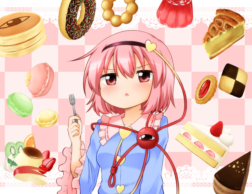 1girl, apple_bunny, apple_pie, blouse, blush, checkerboard_cookie, checkered, checkered_background