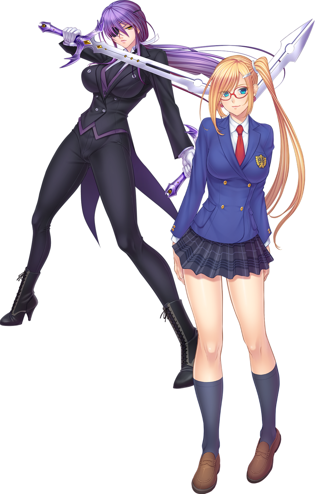 2girls, blazer, blonde_hair, blue_blazer, blue_jacket, boots, breasts, brown_footwear