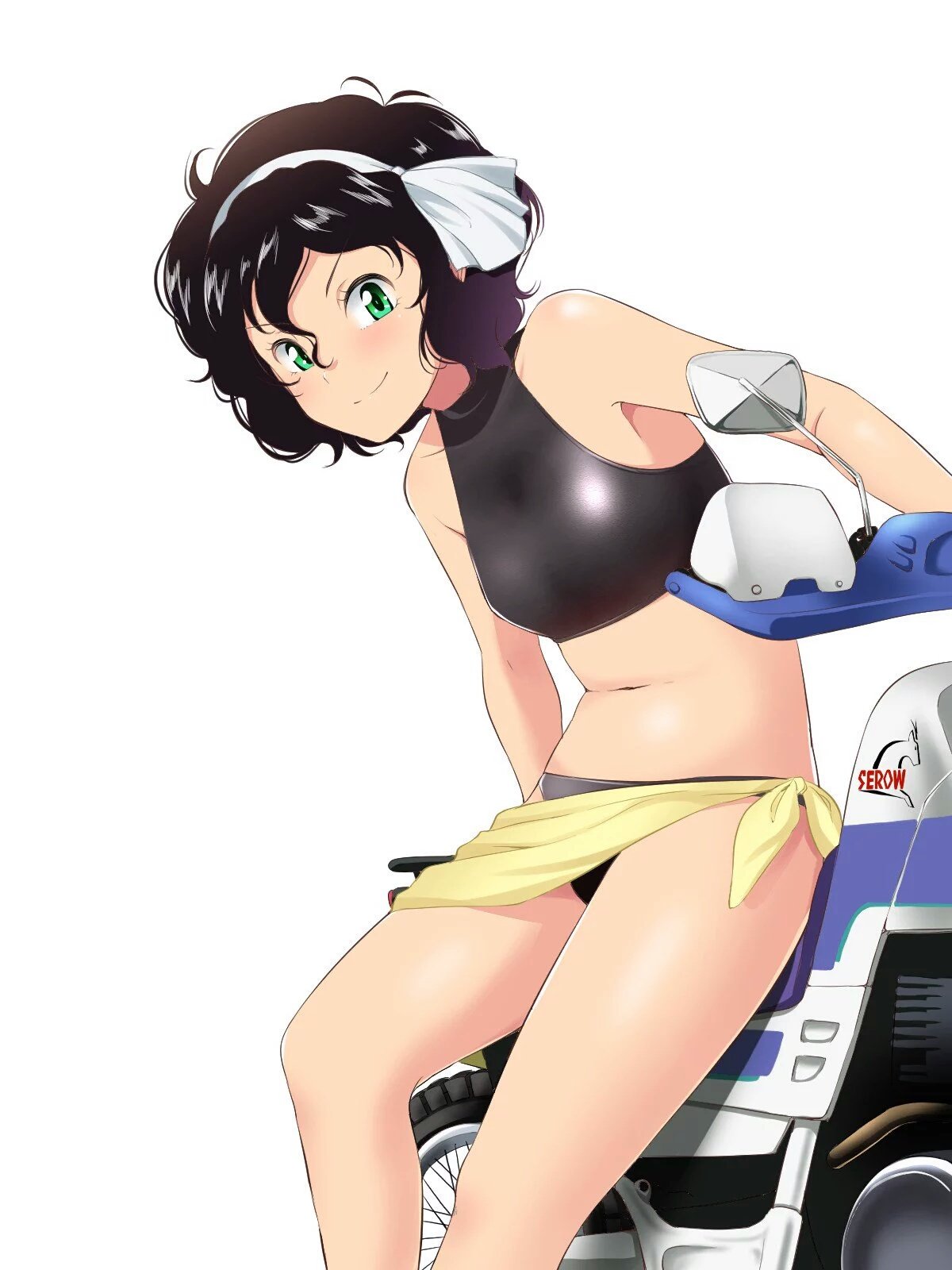 1girl, amano_onsa, bakuon!!, bikini, black_hair, curly_hair, green_eyes, ground_vehicle, hairband, highres, hisakabe_oune, motor_vehicle, motorcycle, sarong, short_hair, smile, sports_bikini, swimsuit