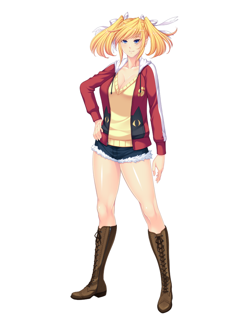1girl, bangs, blonde_hair, blue_eyes, boots, breasts, casual, cat_print