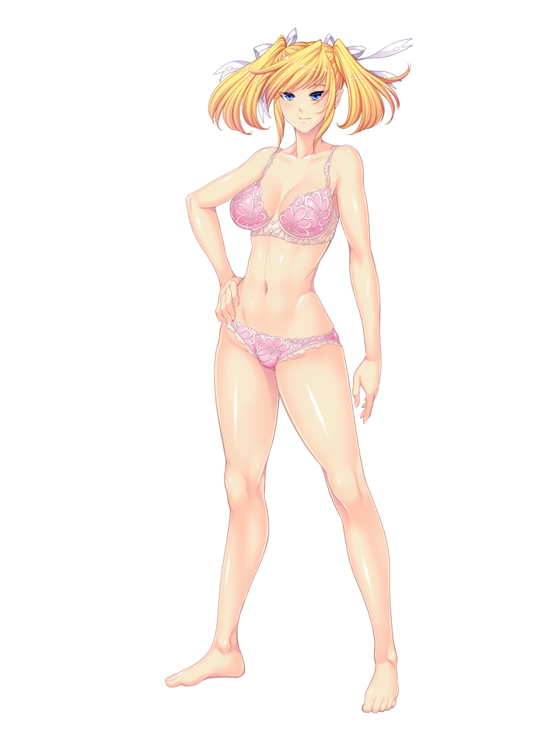 1girl, bangs, bare_shoulders, barefoot, blonde_hair, blue_eyes, bra, breasts