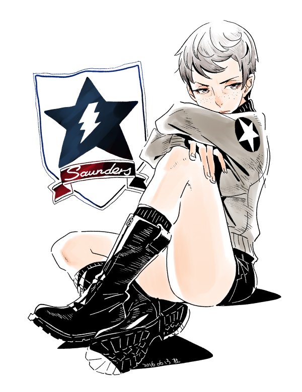 1girl, 2016, bomber_jacket, boots, brown_eyes, callan_(callancoe), dated, emblem