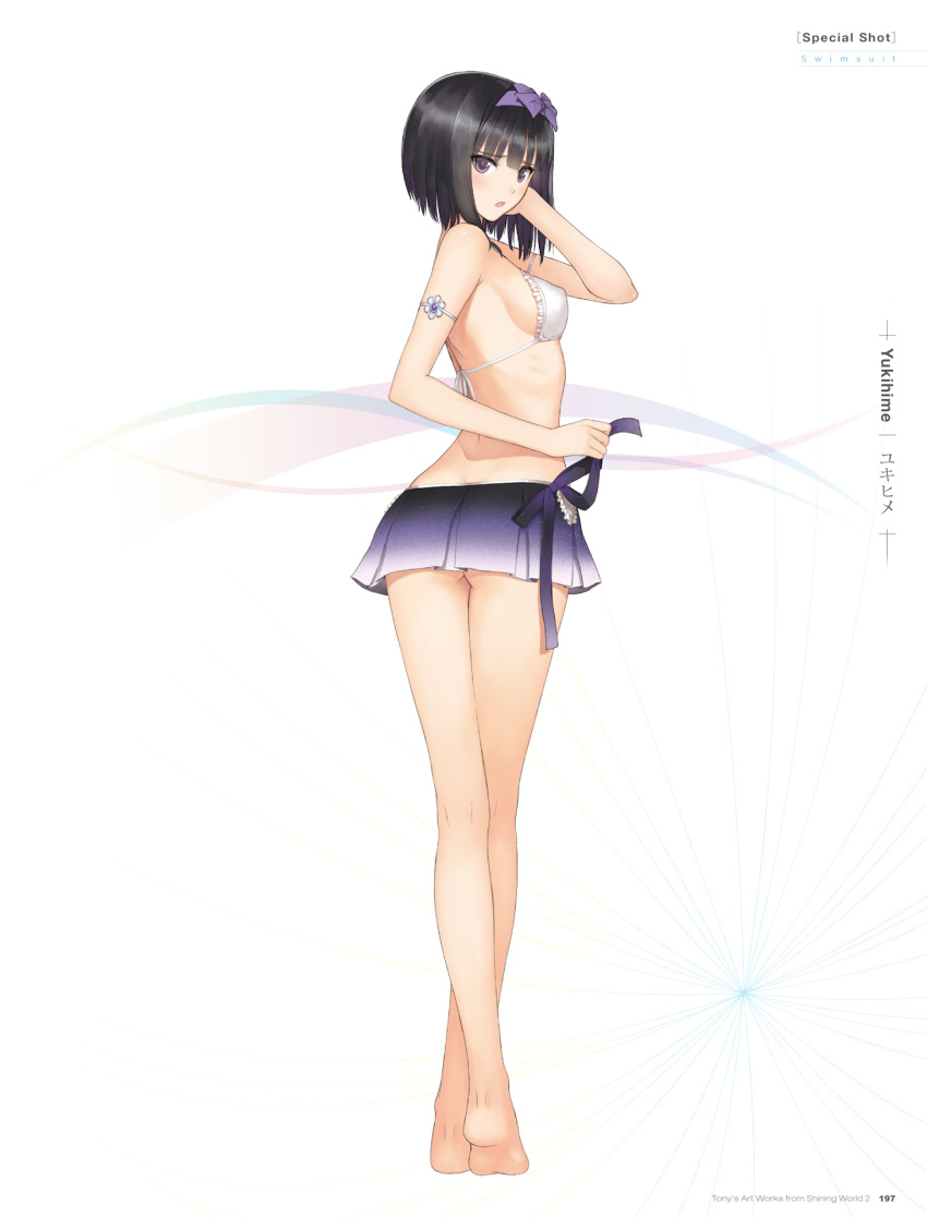 1girl, bare_shoulders, barefoot, bikini, bikini_skirt, black_hair, hairband, highres