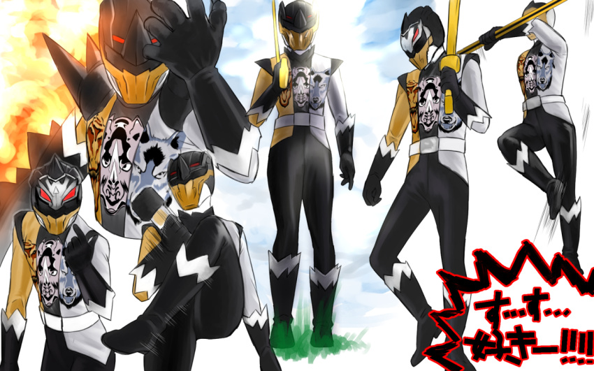 1boy, armor, commentary_request, doubutsu_sentai_zyuohger, explosion, male, multiple_views, solo, sora_megumu, super_sentai, weapon, zyuoh_the_world