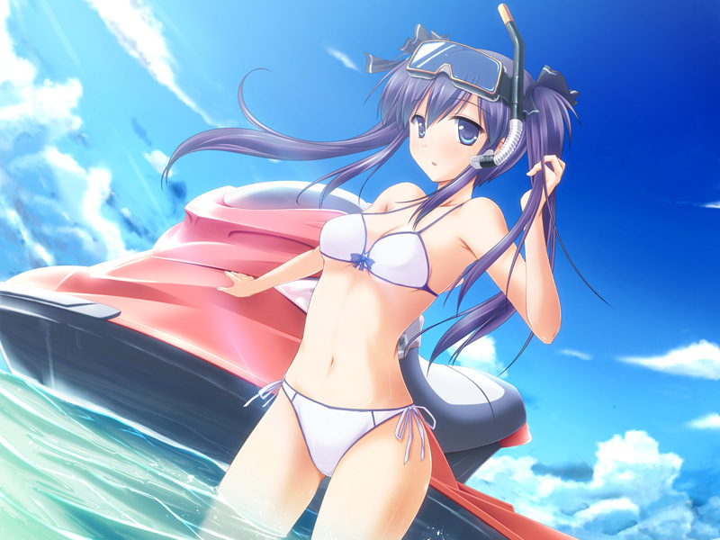 bikini, blue_eyes, jetski, long_hair, original, purple_hair, ryoumoto_ken, side-tie_bikini
