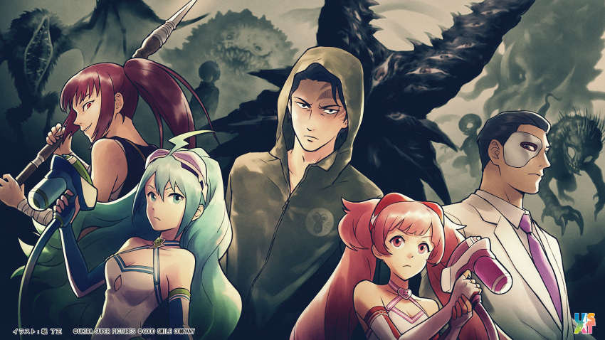 3boys, 3girls, aqua_eyes, aqua_hair, artist_name, banba_sousuke, company_connection, company_name