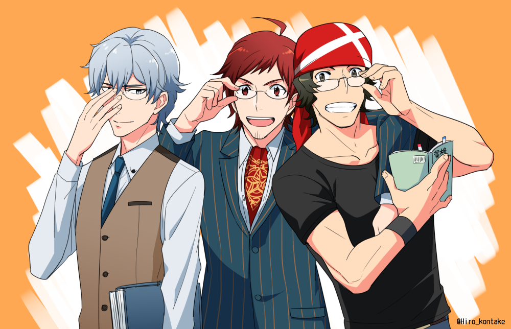 3boys, adjusting_glasses, ahoge, arm_around_shoulder, bandana, bespectacled, blue_necktie, book