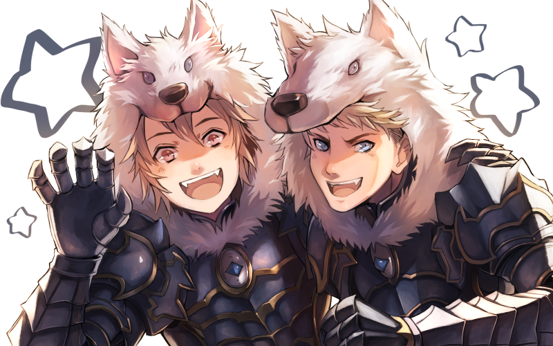 2boys, alternate_costume, arm_around_shoulder, artist_request, berserker_(granblue_fantasy), claw_pose, fangs, gran_(granblue_fantasy)