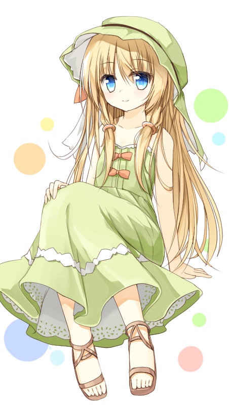 1girl, blue_eyes, blush, bow, bracelet, brown_hair, dress, hat, hat_bow, jewelry, keffiyeh, long_hair, looking_at_viewer, original, sandals, sitting, smile, solo, sundress, very_long_hair, yuuhagi_(amaretto-no-natsu)