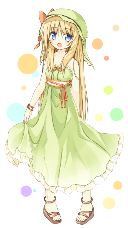 1girl, :d, anklet, blue_eyes, blush, bow, bracelet, brown_hair, dress, hat, hat_bow, jewelry, keffiyeh, long_hair, looking_at_viewer, open_mouth, original, pigeon-toed, sandals, smile, solo, sundress, very_long_hair, yuuhagi_(amaretto-no-natsu)