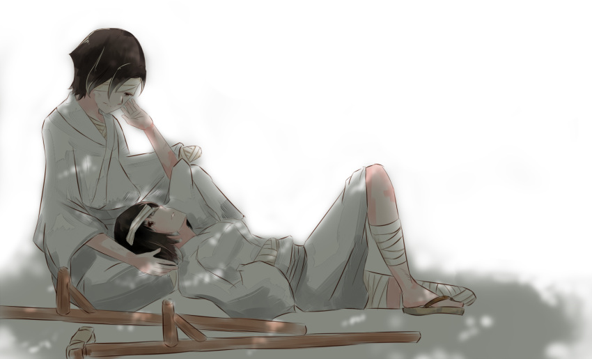 1boy, 1girl, amputee, bandaged_hands, bandaged_head, bandaged_leg, bandages, brown_eyes, brown_hair, crutch, ishigami_kouko, japanese_clothes, lap_pillow, looking_at_another, lying, okeya_fuuta, on_back, reaching, sandals, shijiu_(l112725), sitting, smile, spirit_circle, tagme, white_background