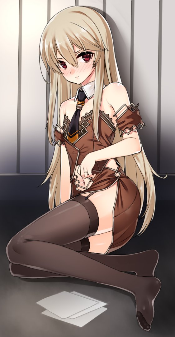 1girl, arm_support, armband, bare_shoulders, barefoot, blonde_hair, collarbone, detached_collar