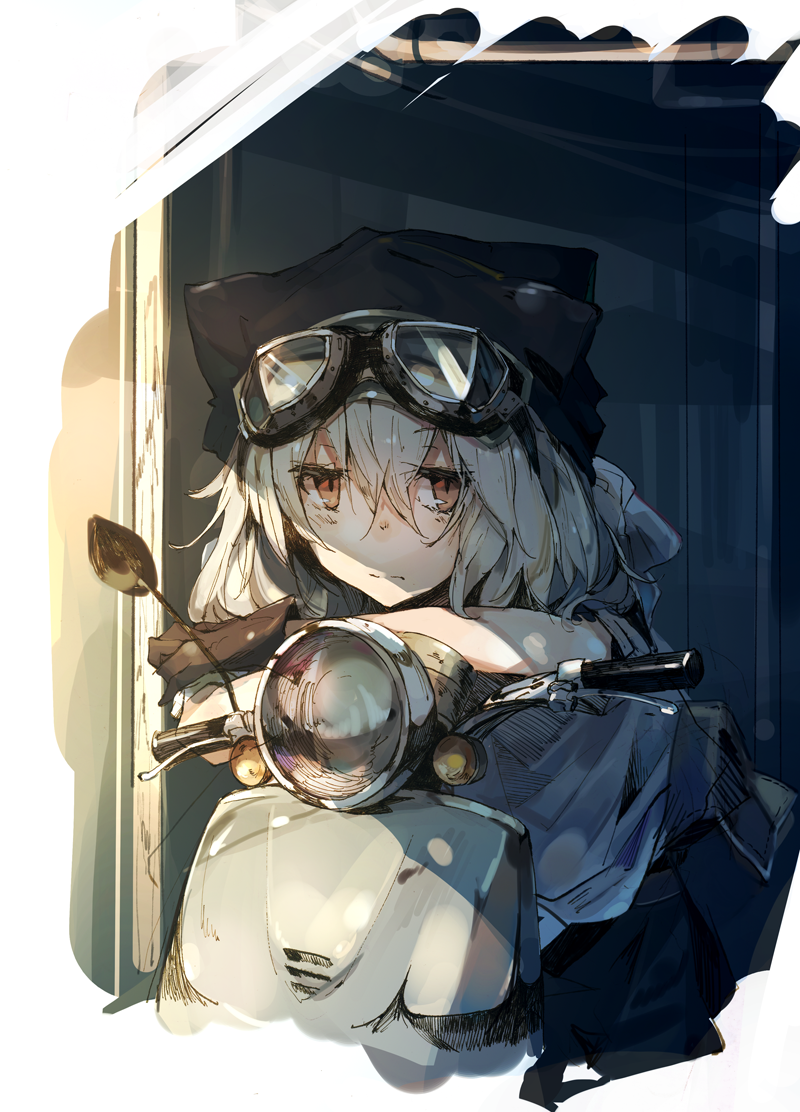 1girl, beanie, brown_hair, elbow_rest, eyebrows, eyebrows_visible_through_hair, gloves, goggles