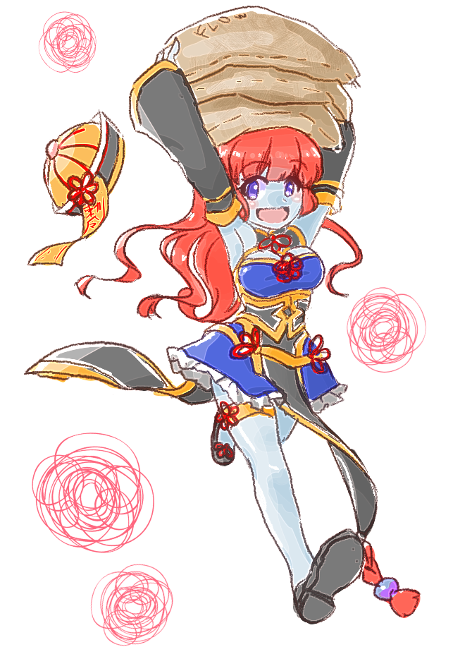 1girl, :d, blue_skin, carrying_overhead, chinese_clothes, cleavage_cutout, detached_sleeves, hat