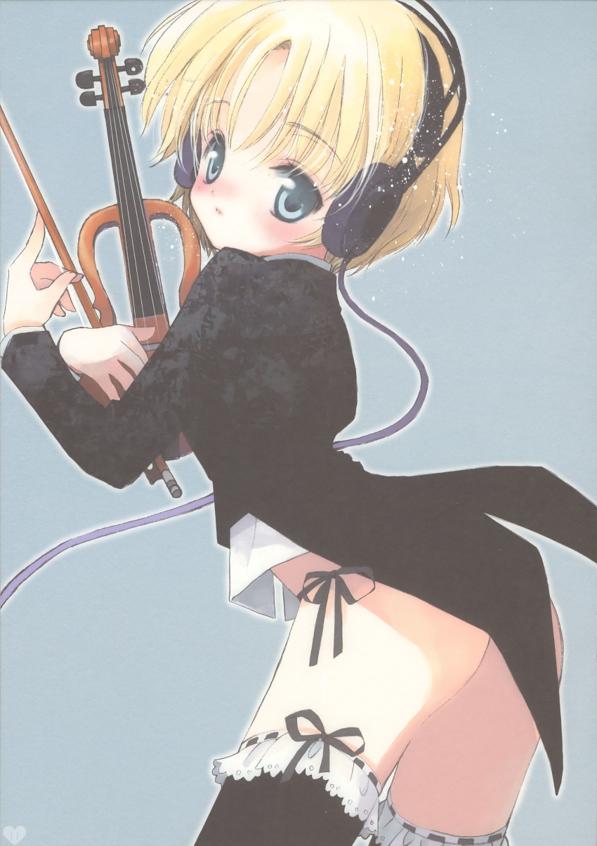 blonde_hair, blue_eyes, bottomless, electric_violin, hato_rami, headphones, highres, instrument